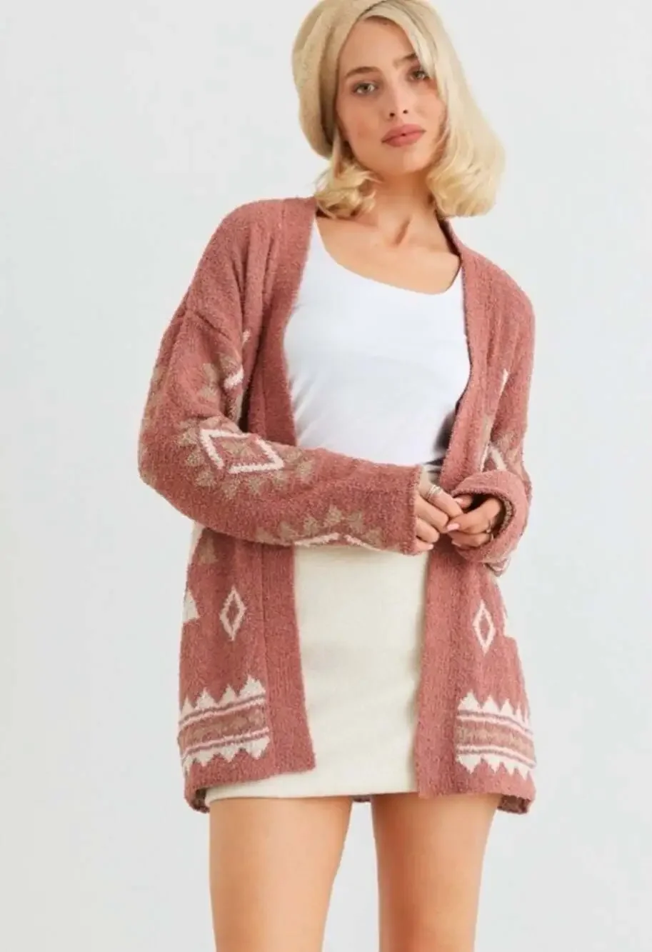 New In Mauve Pink Aztec Geometric Open Front Fuzzy Cardigan